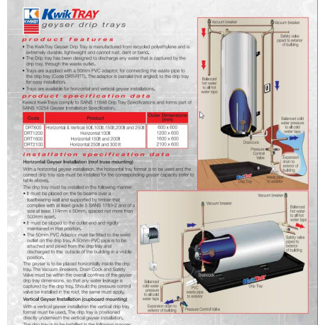 Kwikot Geyser Drip Tray - Horisontal 150 & 200L Polyethlene - 1600 *600
